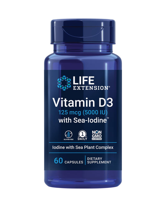 Pre-Order | Arrives in 5–10 Days – Life Extension Vitamin D3 125 mcg (5000 IU) with Sea-Iodine For Bone, Brain & Thyroid Support – Gluten-Free, Once Daily, Non-GMO – 60 Capsules