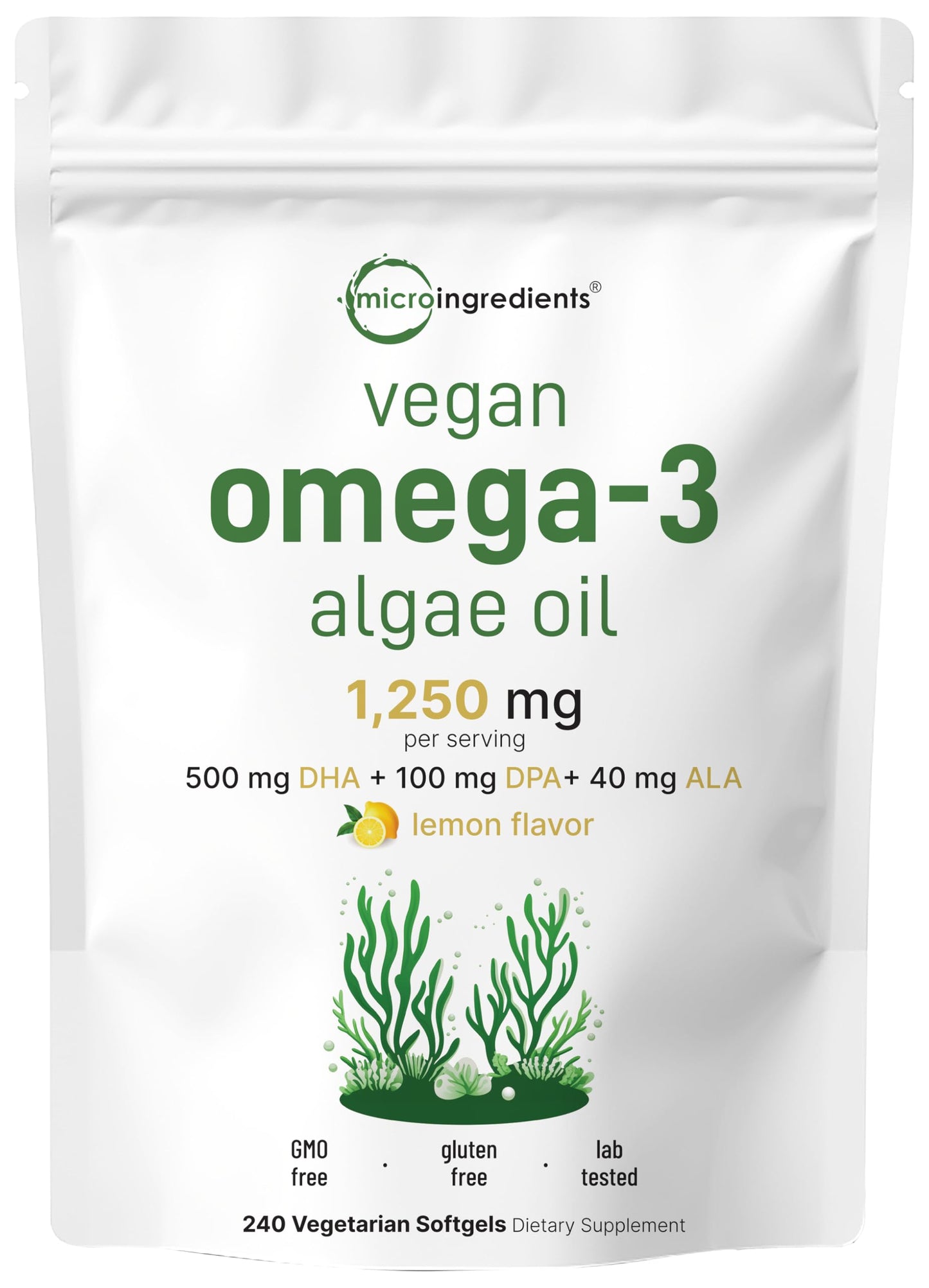 Pre-Order | Arrives in 5–10 Days – Micro Ingredients Vegan Omega 3 Algae Oil, 240 Veggie Softgels | Fish Oil Alternative | DHA 500mg & DPA 100mg | Carrageenan Free | Plant-Based Omega 3 with Flaxseed & ALA | Lemon Flavored
