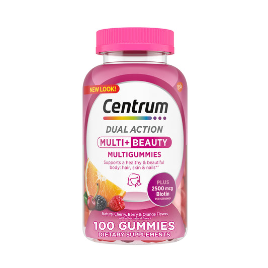 Pre-Order | Arrives in 5–10 Days – Centrum MultiGummies Multi+ Beauty Dual Action Multivitamin, Specially Designed with Biotin for Healthy Hair, Skin and Nails, Cherry/Berry/Orange Flavors - 100 Count