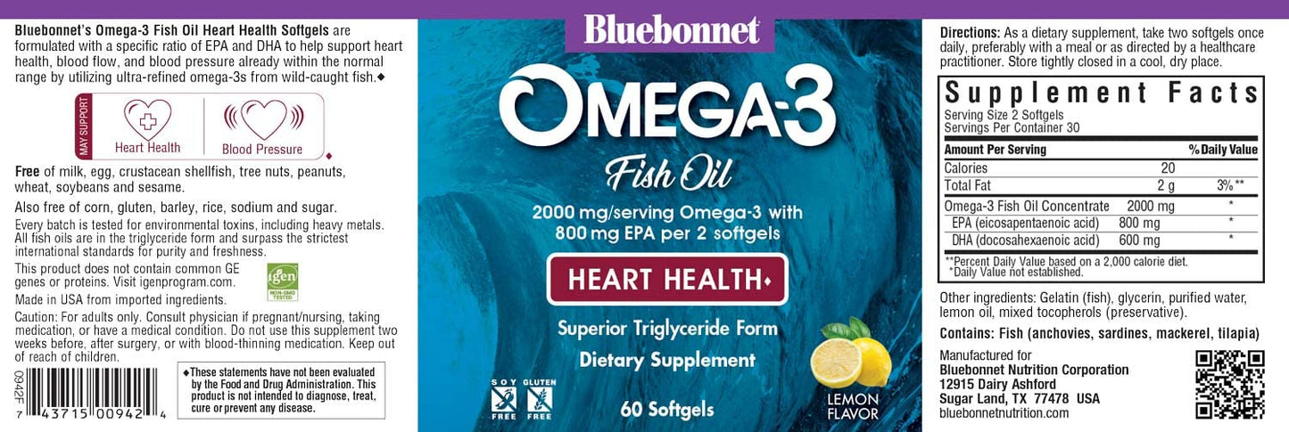 Pre-Order | Arrives in 5–10 Days – Bluebonnet Nutrition Omega-3 Heart Formula Natural Wild Caught Triglyceride Form DHA 600 mg EPA 800 mg - Highly Concentrated Heart Health Support Supplement - Gluten-Free - 60 Softgel
