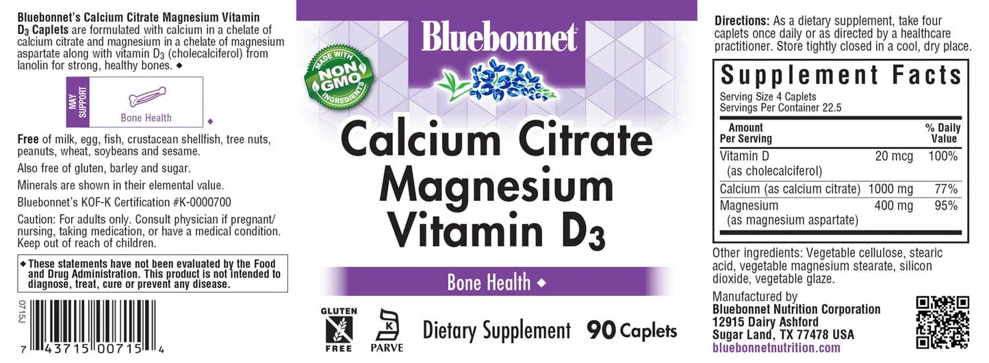 Pre-Order | Arrives in 5–10 Days – Bluebonnet Nutrition Calcium Citrate Magnesium Plus Vitamin D3 Caplets, Bone Health & Muscle Relaxation, Non GMO, Gluten, Soy & Milk Free, Kosher, White, 90 Count