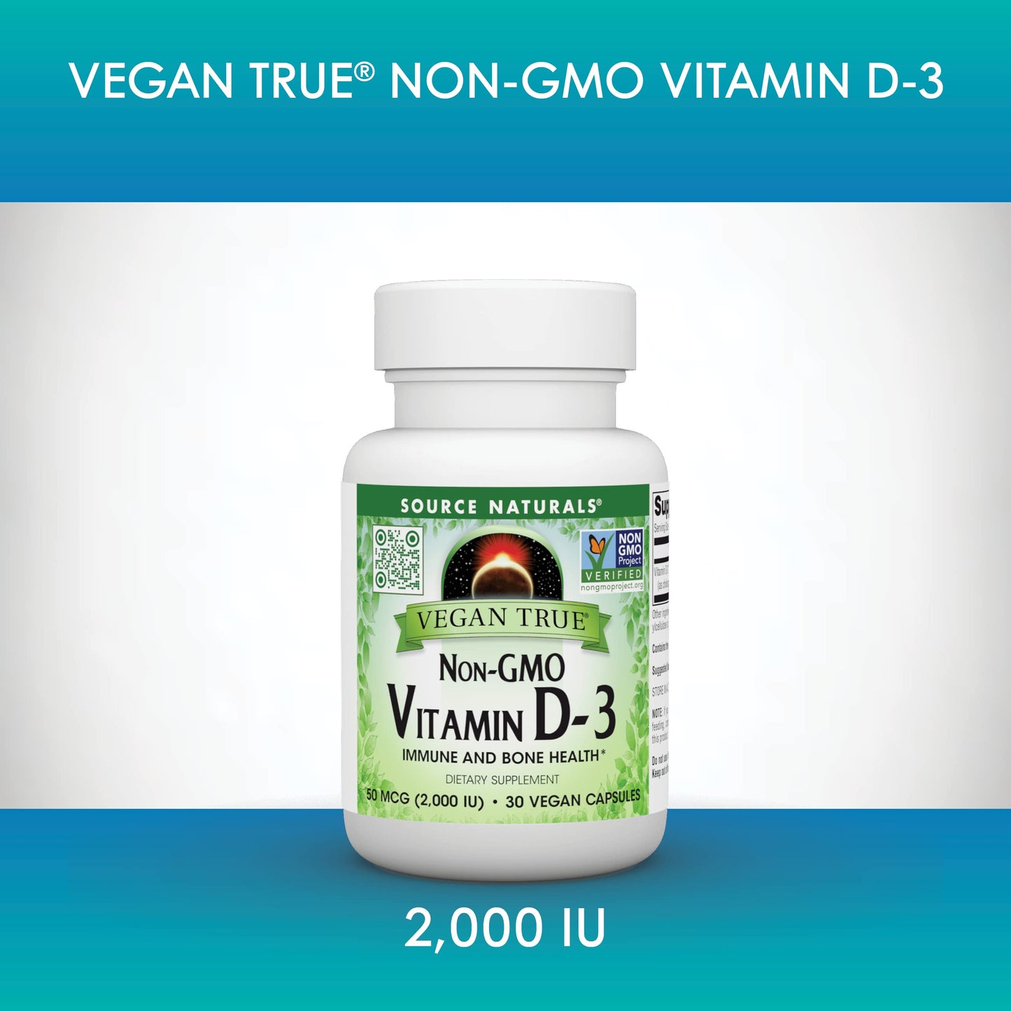 Pre-Order | Arrives in 5–10 Days – Source Naturals Vegan True, Non-GMO Vitamin D-3, Dietary Supplement for Immune and Bone Health*, 2,000 IU - 30 Capsules