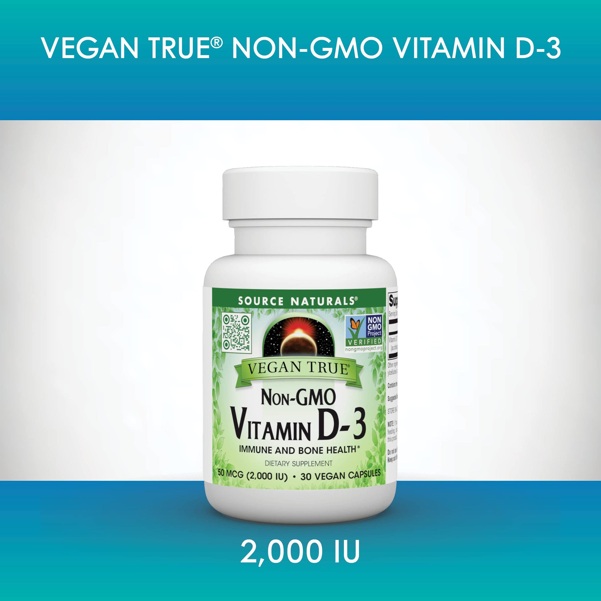 Pre-Order | Arrives in 5–10 Days – Source Naturals Vegan True, Non-GMO Vitamin D-3, Dietary Supplement for Immune and Bone Health*, 2,000 IU - 30 Capsules