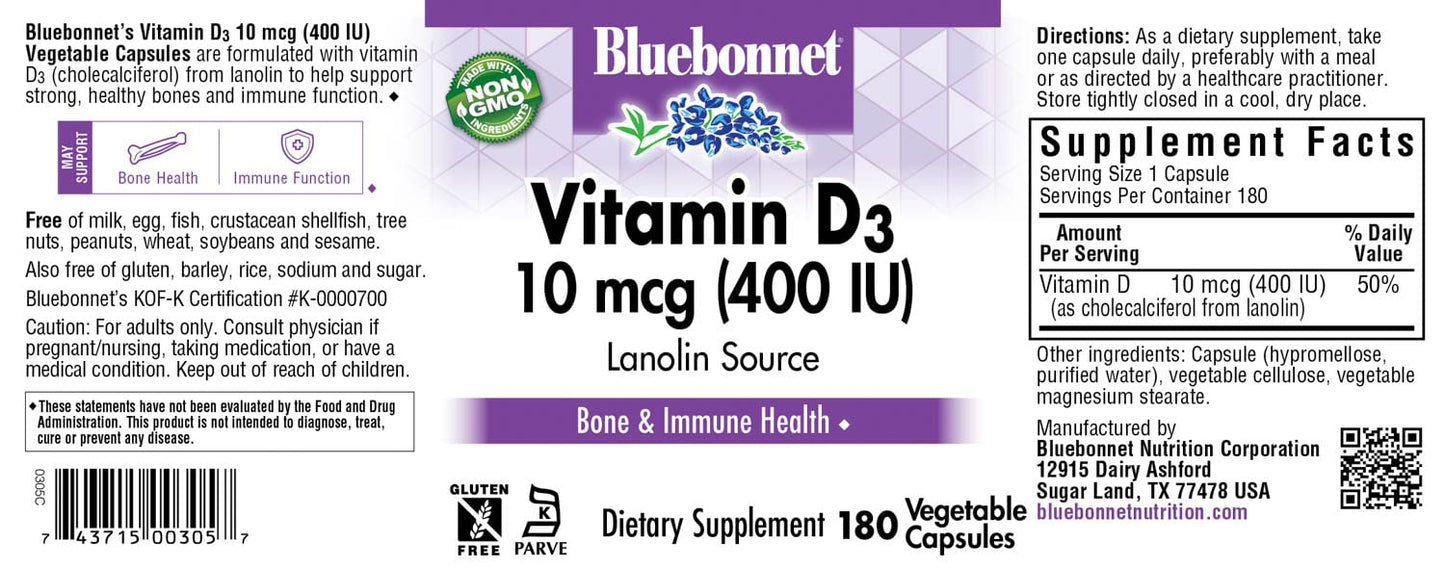 Pre-Order | Arrives in 5–10 Days – BlueBonnet Nutrition Vitamin D3 400 IU Vegetable Capsule, Aids in Muscle and Skeletal Growth, Cholecalciferol from Lanolin, Non GMO, Gluten Free, Soy Free, Milk Free, Kosher, 180 Count