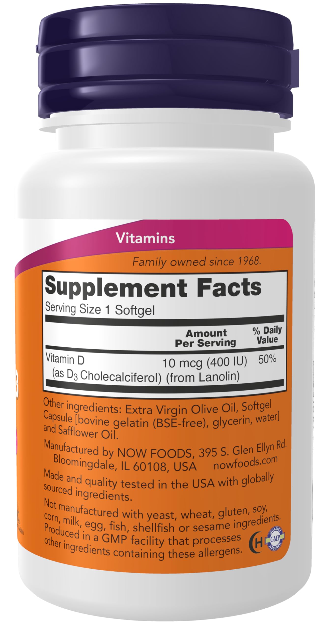 Pre-Order | Arrives in 5–10 Days – NOW Supplements, Vitamin D-3 400 IU, Strong Bones*, Structural support*, 180 Softgels