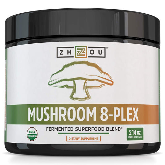 Pre-Order | Arrives in 5–10 Days – Zhou Nutrition 8-Plex Organic Mushroom Powder, Support Cognitive and Immune Health, Increase Energy, Endurance & Overall Wellness, Lions Mane, Reishi & Turkey Tail, 30 Servings - 2.14 Oz