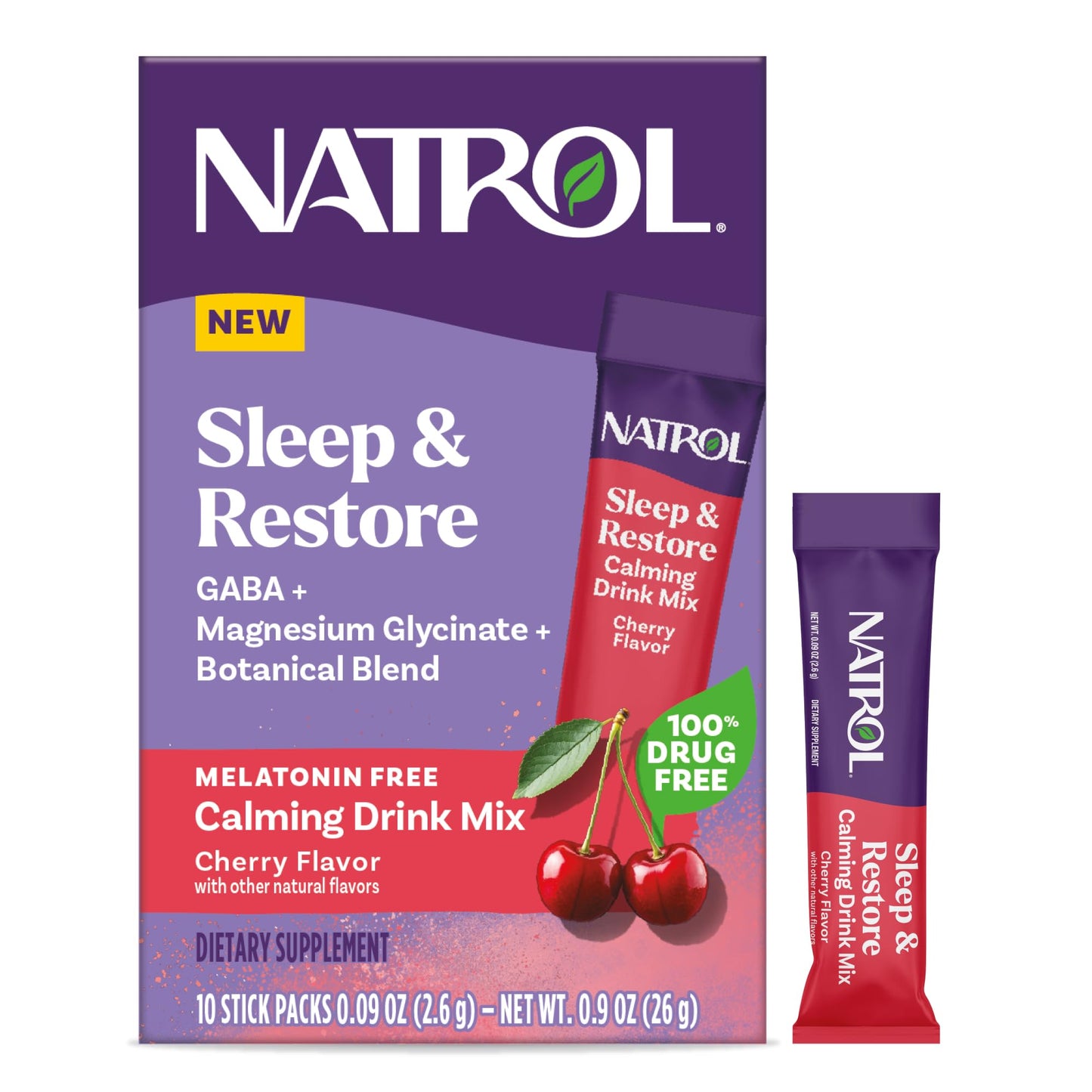 Pre-Order | Arrives in 5–10 Days – Natrol Sleep & Restore Calming Drink Mix with Magnesium Glycinate, Magnesium Sleep Aid, Melatonin-Free, Cherry, 10 Stick Packs
