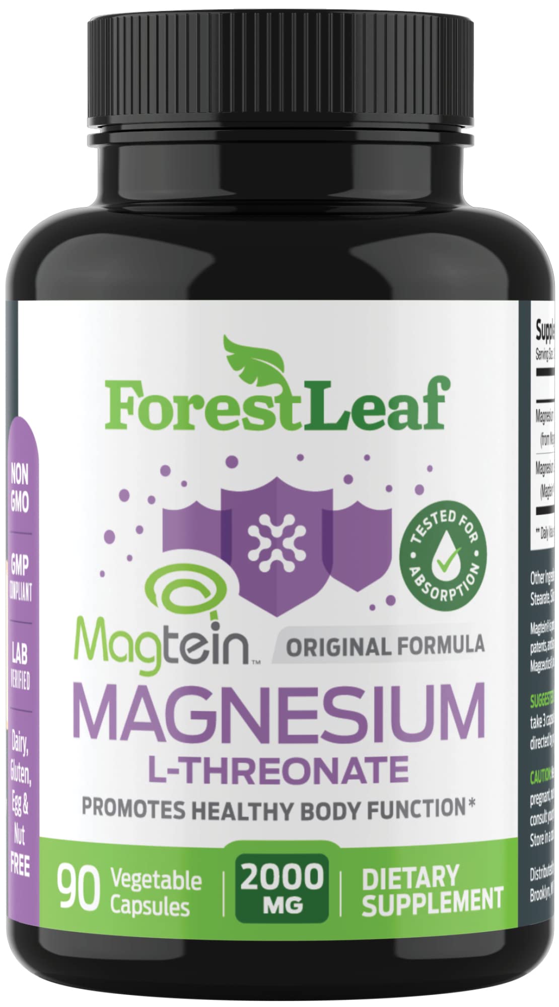 Pre-Order | Arrives in 5–10 Days – Forest Leaf Magnesium L-Threonate Magtein Capsules - 2000mg Magnesium Threonate Supplement Supports Cognitive Function, Focus, Brain, Deep Calm and Sleep for Men & Women | 90 Powder Veg Caps