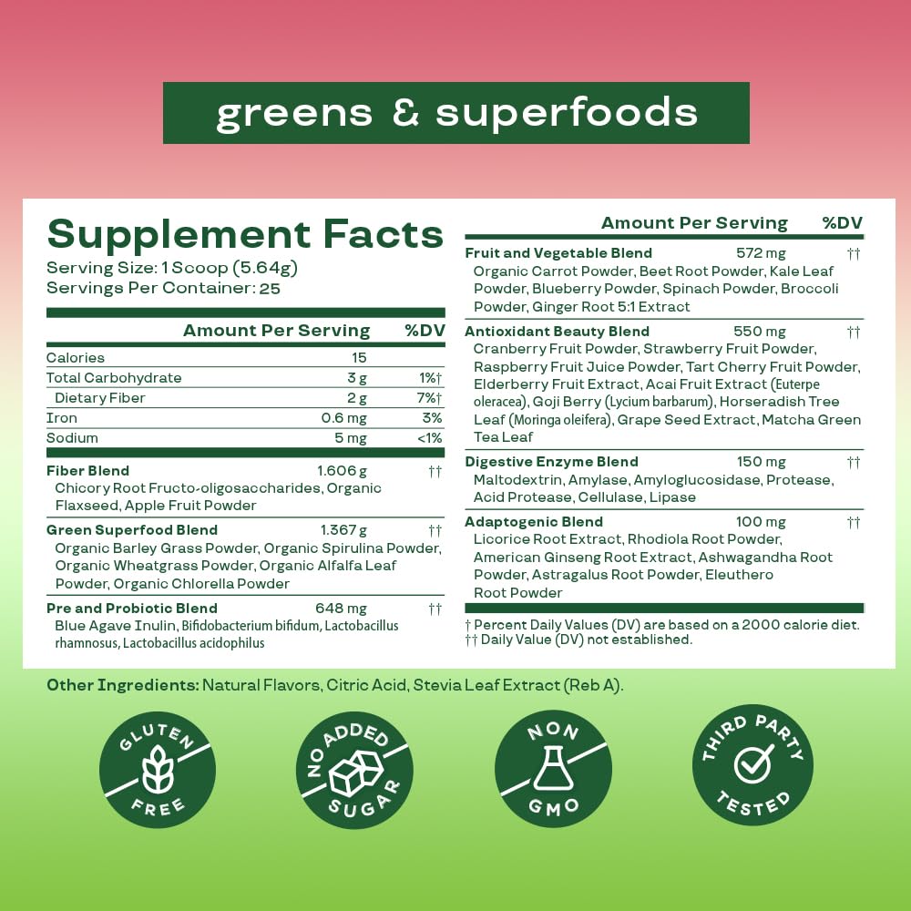 Pre-Order | Arrives in 5–10 Days – 
Bloom Nutrition Superfood Greens Powder, Digestive Enzymes with Probiotics and Prebiotics, Gut Health, Bloating Relief for Women, Chlorella, Juice Mix with Beet Root Powder, 25 SVG, Strawberry Kiwi