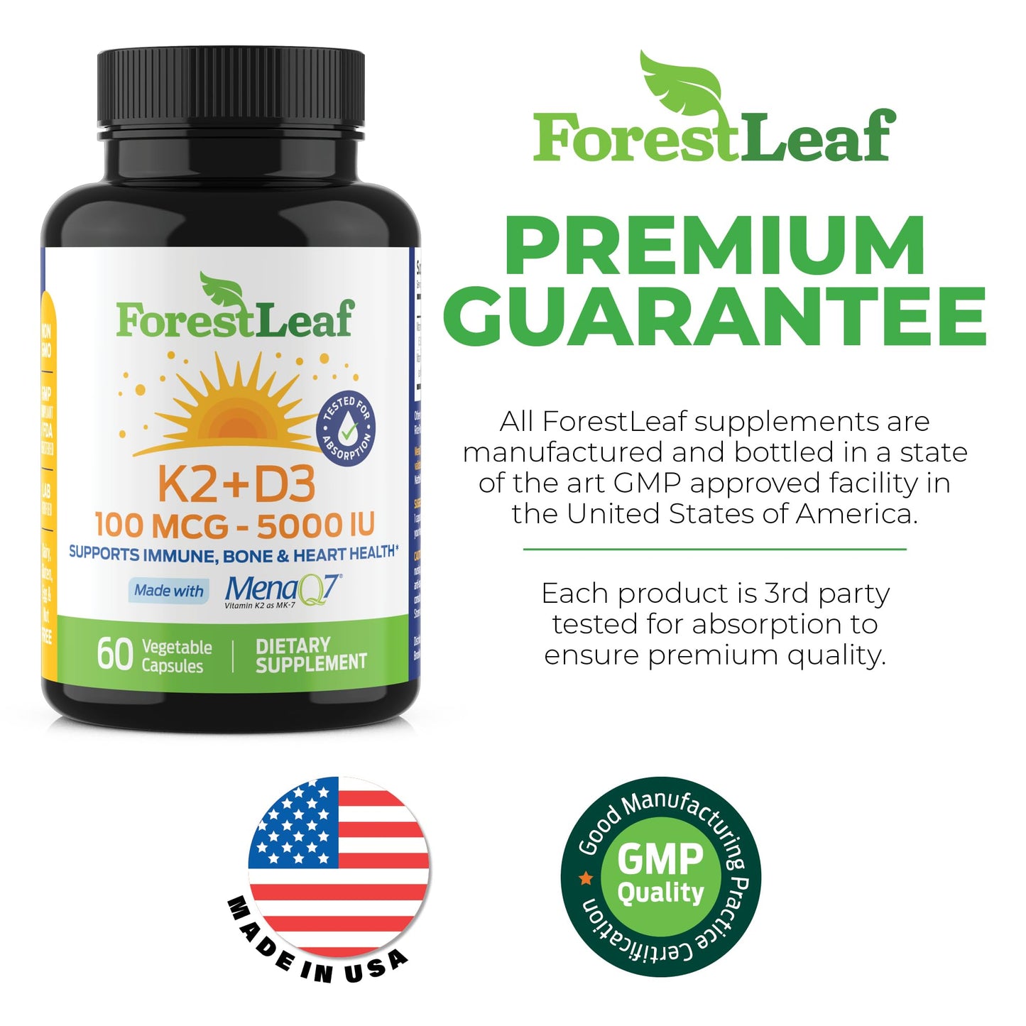 Pre-Order | Arrives in 5–10 Days – ForestLeaf Vitamin D3 + K2 (MK7) Supplement - MenaQ7 - Calcium and Vitamin D3 5000 IU Max Absorption - Teeth and Bone Strength, Heart Health, Immune System Support - 60 Veggie Capsules