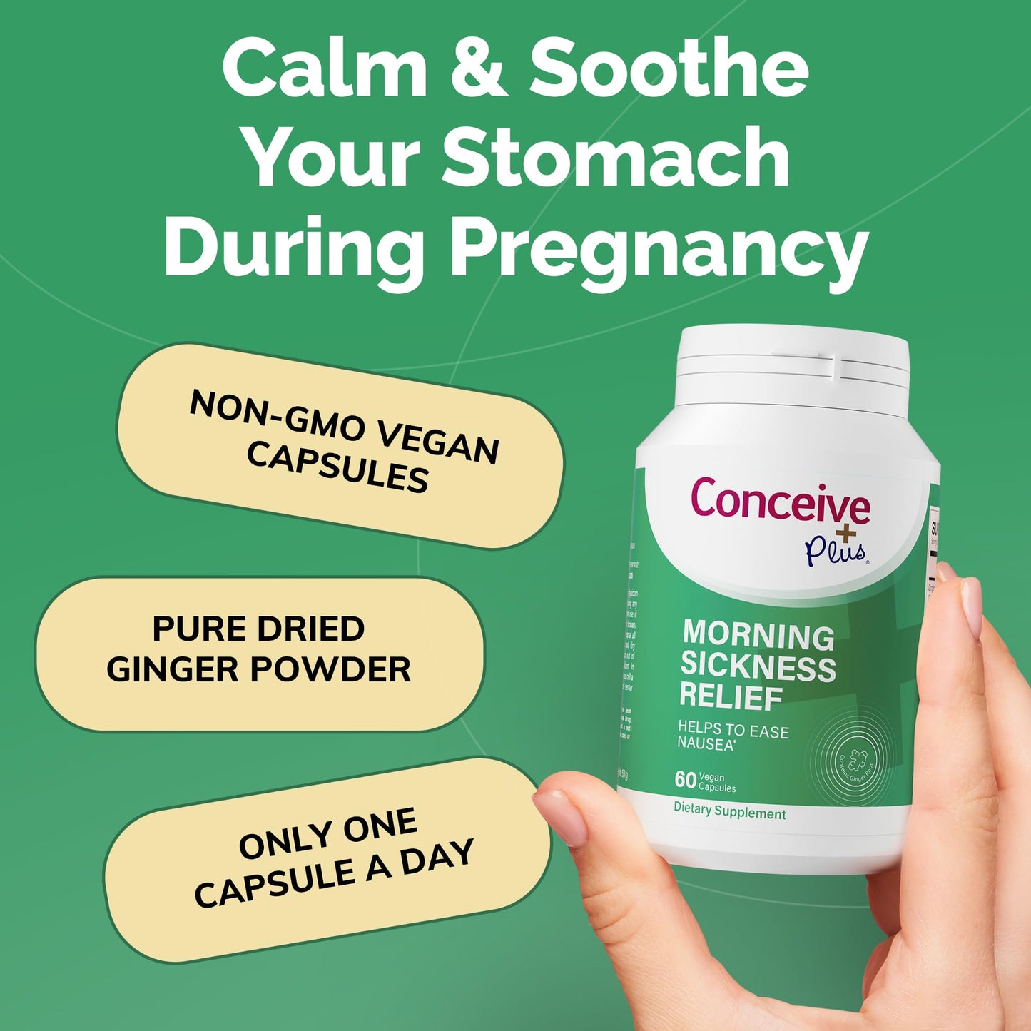 Pre-Order | Arrives in 5–10 Days – CONCEIVE PLUS Morning Sickness Relief - Pure Dried Ginger Powder - Relief from Nausea, Motion & Stomach Discomfort During Pregnancy - Essential for Expecting Moms - Non-GMO - 60 Vegan Capsules