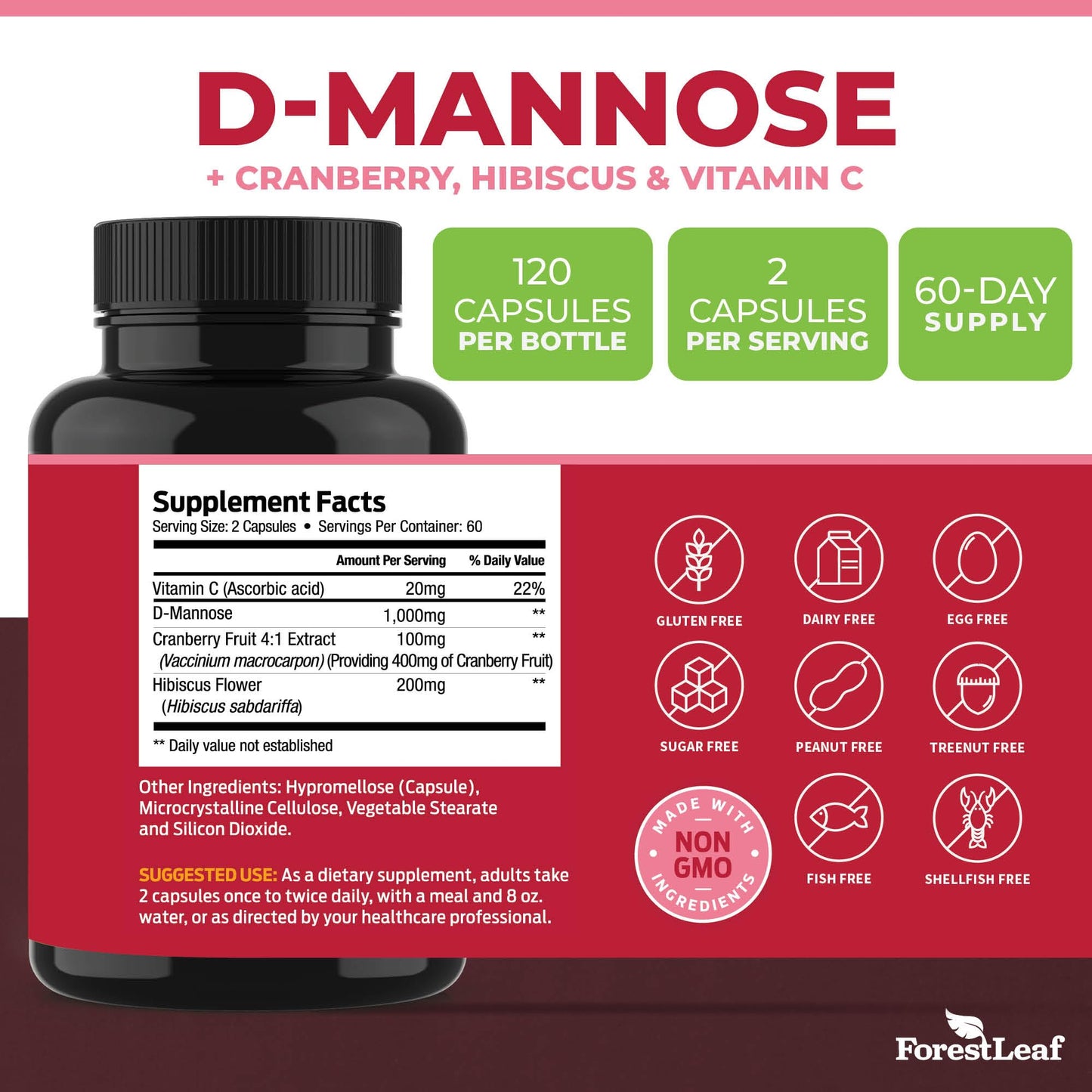 Pre-Order | Arrives in 5–10 Days – ForestLeaf D Mannose 1000mg Capsules - D-Mannose with Cranberry, Hibiscus & VIT C, Urinary Tract Health for Women and Men, DMannose Pills for UTI, Urinary Health & Bladder Support 120 Capsules