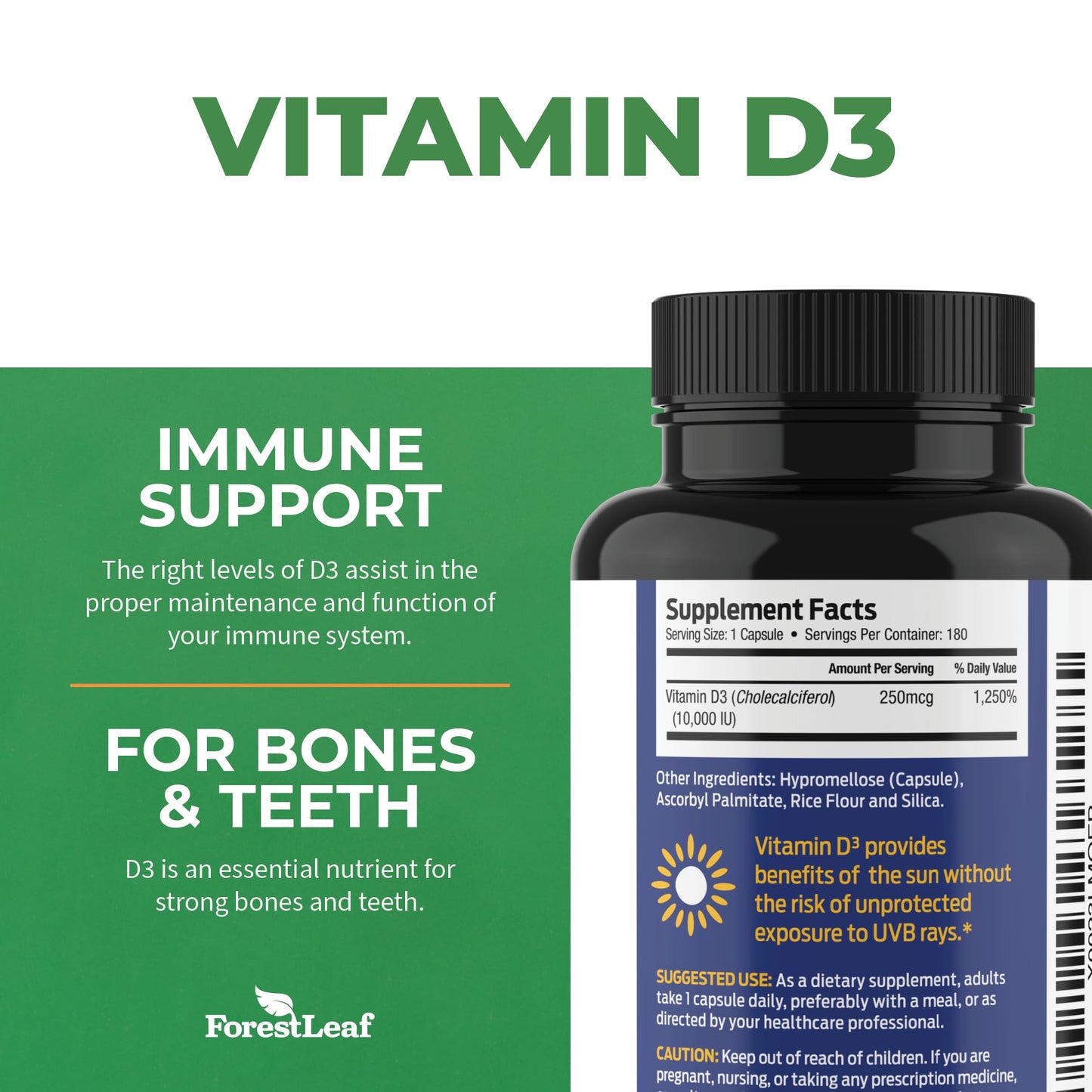Pre-Order | Arrives in 5–10 Days – ForestLeaf Vitamin D3 10,000 IU | VIT D - VIT D3 Vitamin D Supplements for Women and Men | Bone Health, Teeth and Immune Support | Easy to Swallow Pills | High Potency Daily, 6-Month Supply, 180 Caps