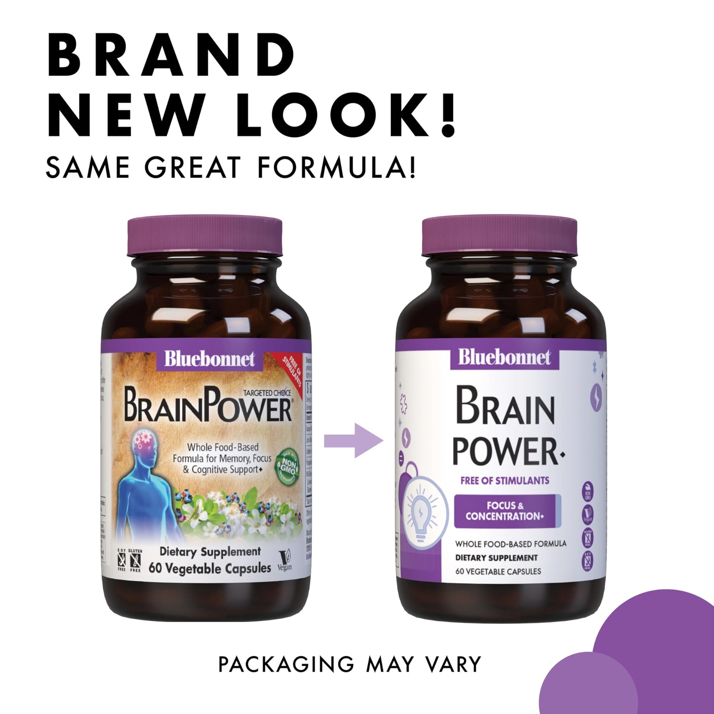 Pre-Order | Arrives in 5–10 Days – Bluebonnet Nutrition BrainPower – Whole Food-Based Nootropic Blend - for Brain Health*- Non-GMO, Vegan - Free of Gluten, Dairy, Soy & Stimulants - 60 Vegetable Capsules, 30 Servings