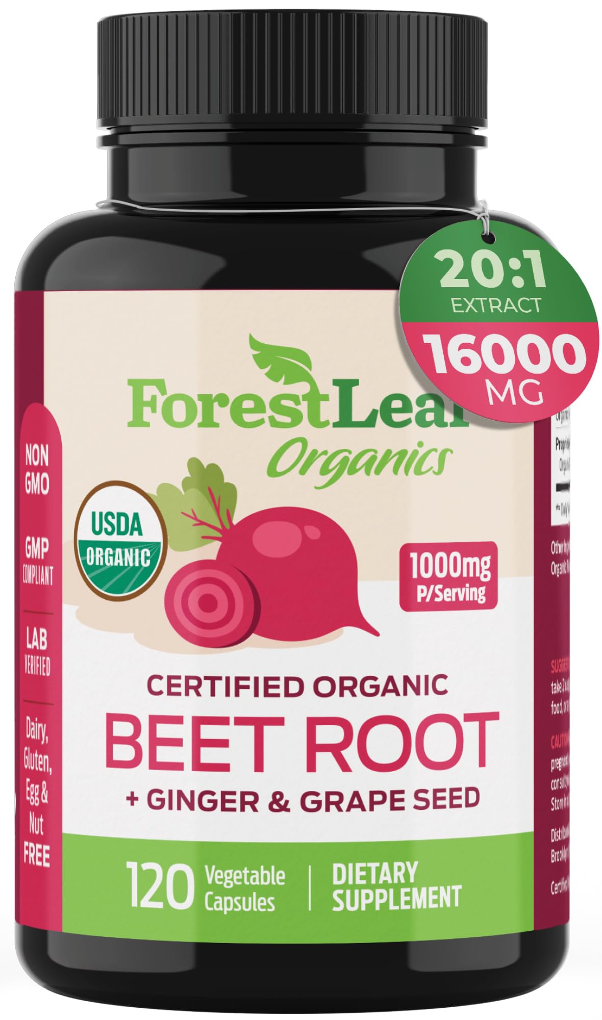 Pre-Order | Arrives in 5–10 Days – ForestLeaf Organic Beet Root Capsules - with Ginger & Grape Seed 16000mg Strength 20:1 Extract, Supports Nitric Oxide Production, Beets Supplements with Organic Non-GMO Beetroot Powder 120 Veggie Caps