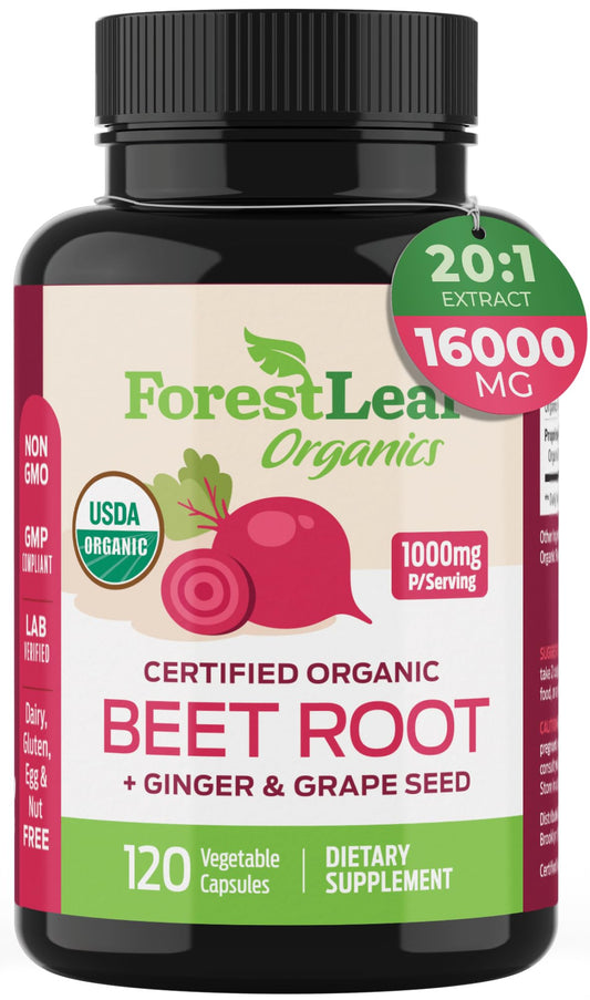 Pre-Order | Arrives in 5–10 Days – ForestLeaf Organic Beet Root Capsules - with Ginger & Grape Seed 16000mg Strength 20:1 Extract, Supports Nitric Oxide Production, Beets Supplements with Organic Non-GMO Beetroot Powder 120 Veggie Caps