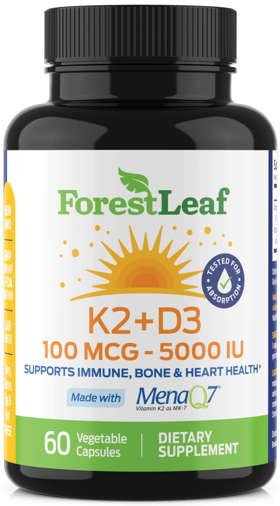 Pre-Order | Arrives in 5–10 Days – ForestLeaf Vitamin D3 + K2 (MK7) Supplement - MenaQ7 - Calcium and Vitamin D3 5000 IU Max Absorption - Teeth and Bone Strength, Heart Health, Immune System Support - 60 Veggie Capsules
