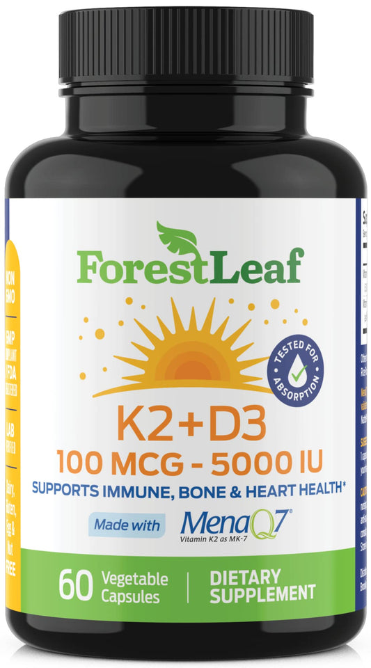 Pre-Order | Arrives in 5–10 Days – ForestLeaf Vitamin D3 + K2 (MK7) Supplement - MenaQ7 - Calcium and Vitamin D3 5000 IU Max Absorption - Teeth and Bone Strength, Heart Health, Immune System Support - 60 Veggie Capsules