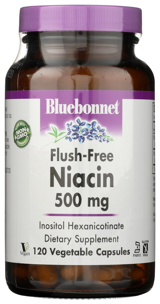 Pre-Order | Arrives in 5–10 Days – BlueBonnet Nutrition Flush-Free Niacin 500mg, for Nutritional Cardiovascular Support Vegetable Capsules, Soy/Dairy/Gluten Free, Non-GMO, Kosher Certified, Vegan, White, 120 Count