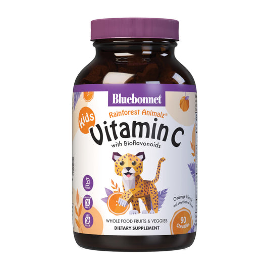 Pre-Order | Arrives in 5–10 Days – Bluebonnet Nutrition Rainforest Animalz Vitamin C Animal Shape Chewable Tablets, 250mg of Vitamin C, Soy-Free, Gluten-Free, Kosher Certified, Dairy-Free, Vegan, 90 Tablets, 45 Servings, Orange Flavor
