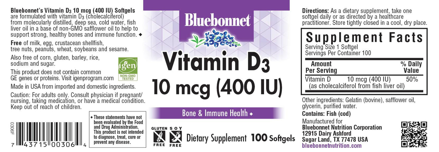 Pre-Order | Arrives in 5–10 Days – Bluebonnet Nutrition Vitamin D3 400 IU Softgels, Aids in Muscle and Skeletal Growth, Cholecalciferol from Fish Oil, Non GMO, Gluten Free, Soy Free, Dairy Free, 100 Softgels