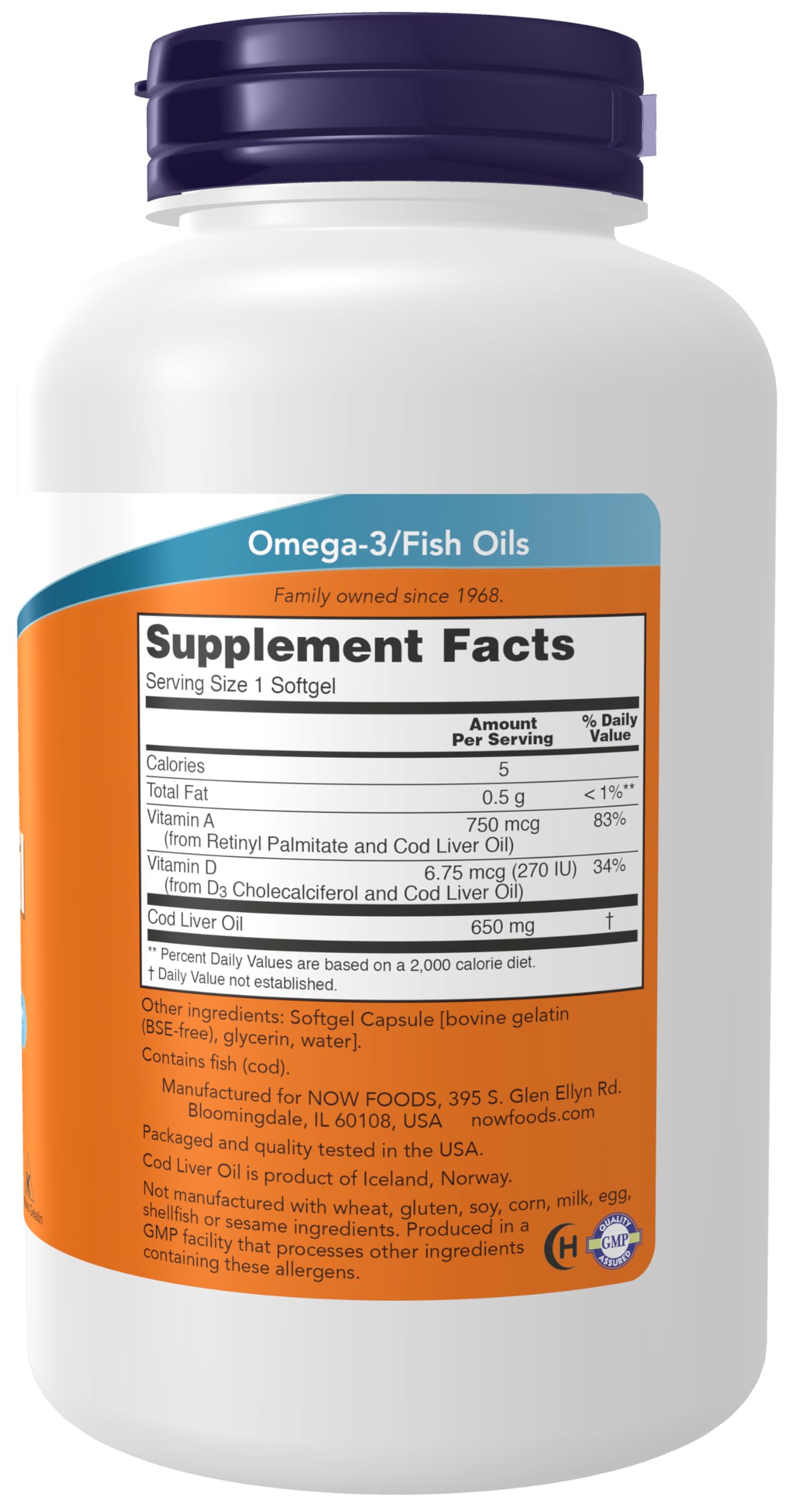 Pre-Order | Arrives in 5–10 Days – NOW Foods Supplements, Cod Liver Oil 650 mg, Excellent Source of Vitamins A and D-3, 250 Softgels