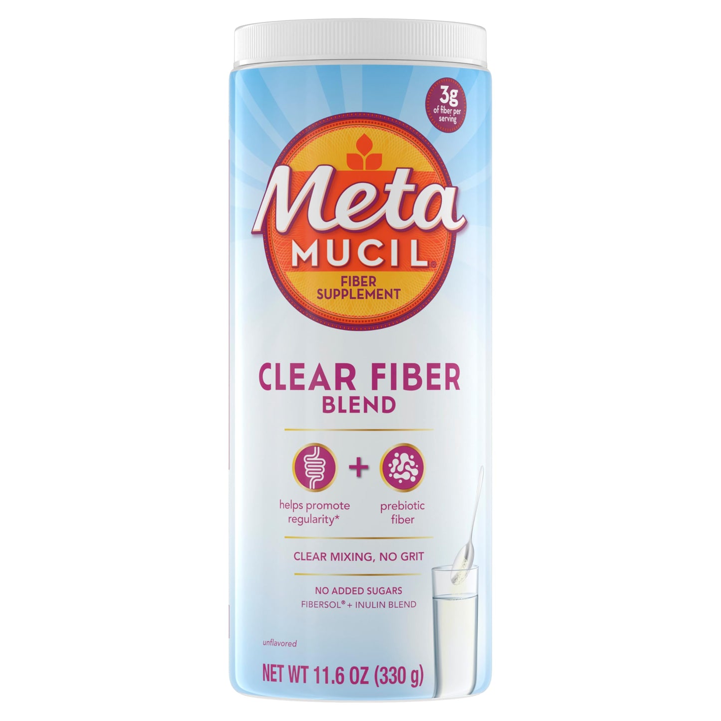 Pre-Order | Arrives in 5–10 Days – Metamucil Fiber Supplement, Unflavored Clear Mixing Powder, No Grit, No Sugar Added, Plant Based Prebiotic Fiber Blend for Daily Digestive Health, 75 teaspoons