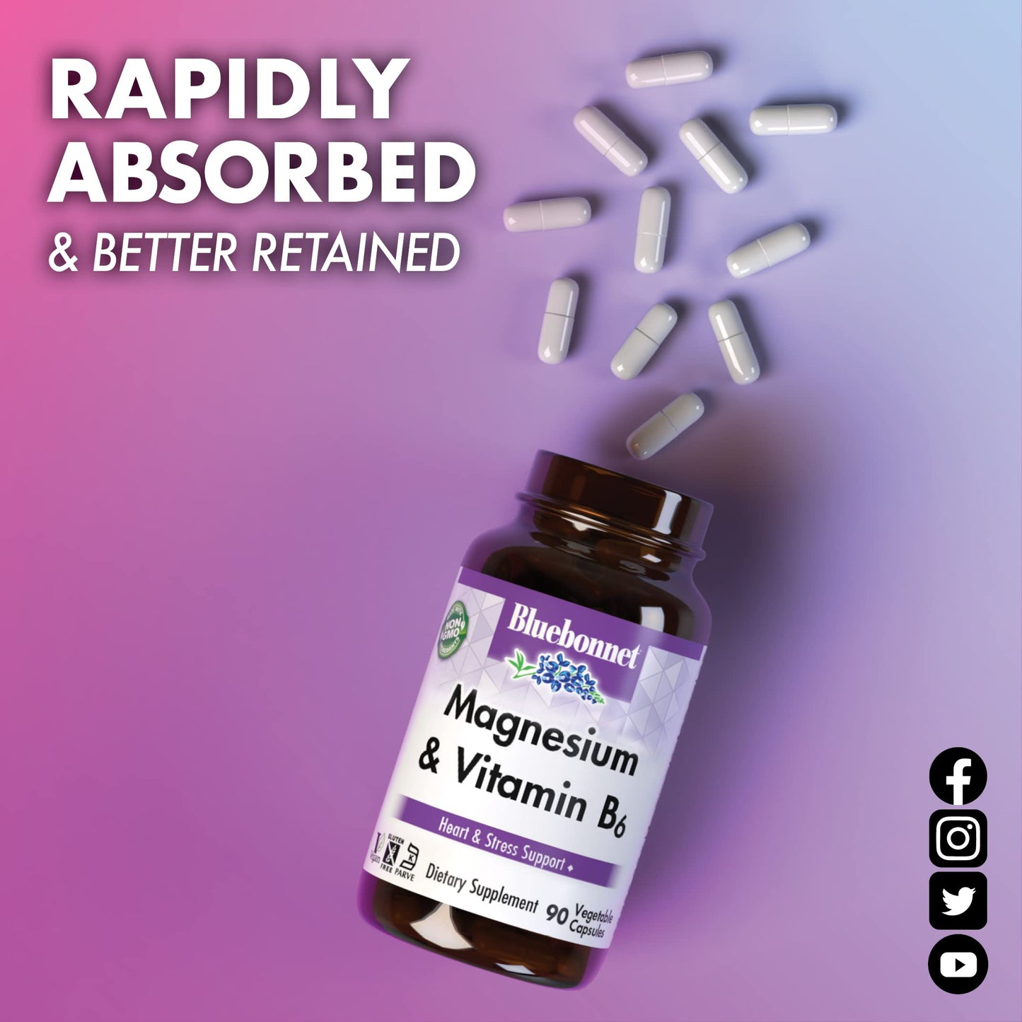 Pre-Order | Arrives in 5–10 Days – Bluebonnet Nutrition Magnesium & B6 – 400 mg Magnesium Oxide & Aspartate with Vitamin B6 25 mg – Heart & Brain Magnesium Complex for Women & Men* - Non-GMO, Vegan, Gluten-Free - 90 Vegetable Capsules