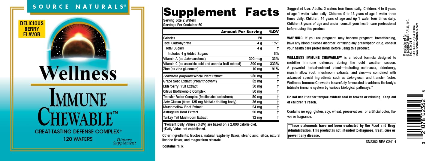 Pre-Order | Arrives in 5–10 Days – "Source Naturals Wellness Immune Chewable, Great-Tasting Defense Complex*, 120 Wafers"