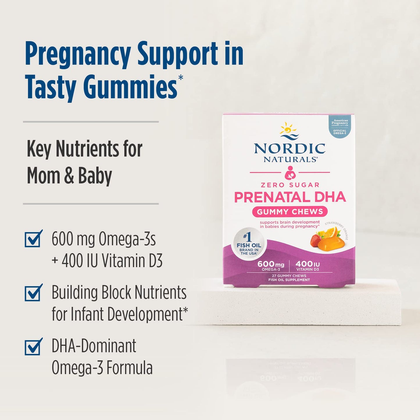 Pre-Order | Arrives in 5–10 Days – Nordic Naturals Zero Sugar DHA Prenatal Vitamin Gummies, Strawberry Orange Flavor - 27 Gummies - Supplements for Pregnancy - 600 mg Omega-3 Fish Oil and 400 IU Vitamin D3-27 Servings