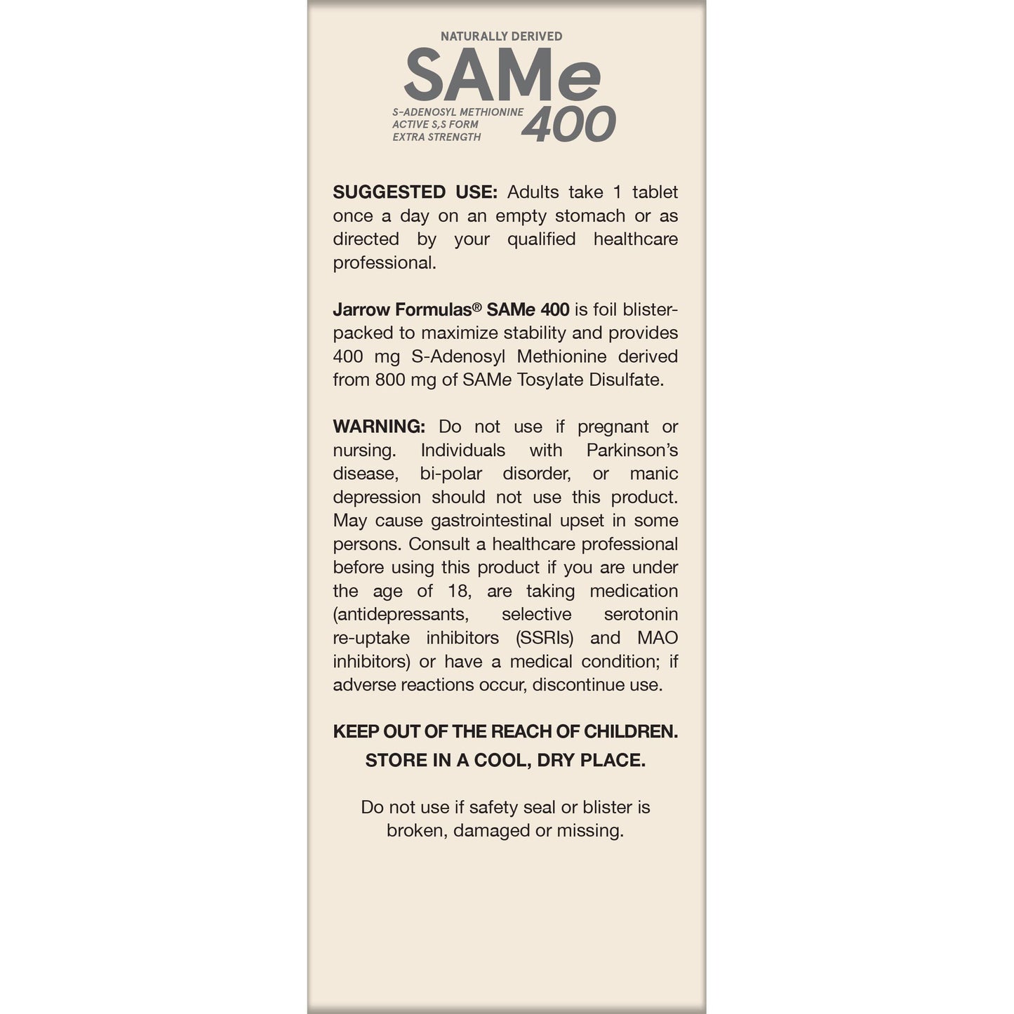 Pre-Order | Arrives in 5–10 Days – Jarrow Formulas SAMe 400 mg, Supports Joint Health, Liver Function, Brain Metabolism, 60 Tablets, Up To a 60 Day Supply