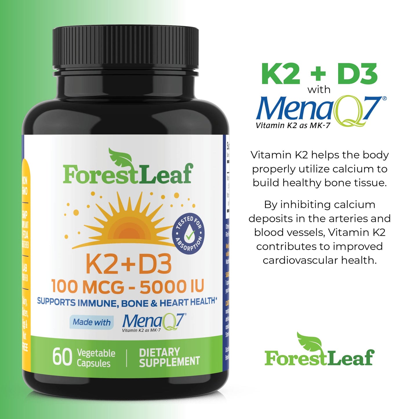 Pre-Order | Arrives in 5–10 Days – ForestLeaf Vitamin D3 + K2 (MK7) Supplement - MenaQ7 - Calcium and Vitamin D3 5000 IU Max Absorption - Teeth and Bone Strength, Heart Health, Immune System Support - 60 Veggie Capsules