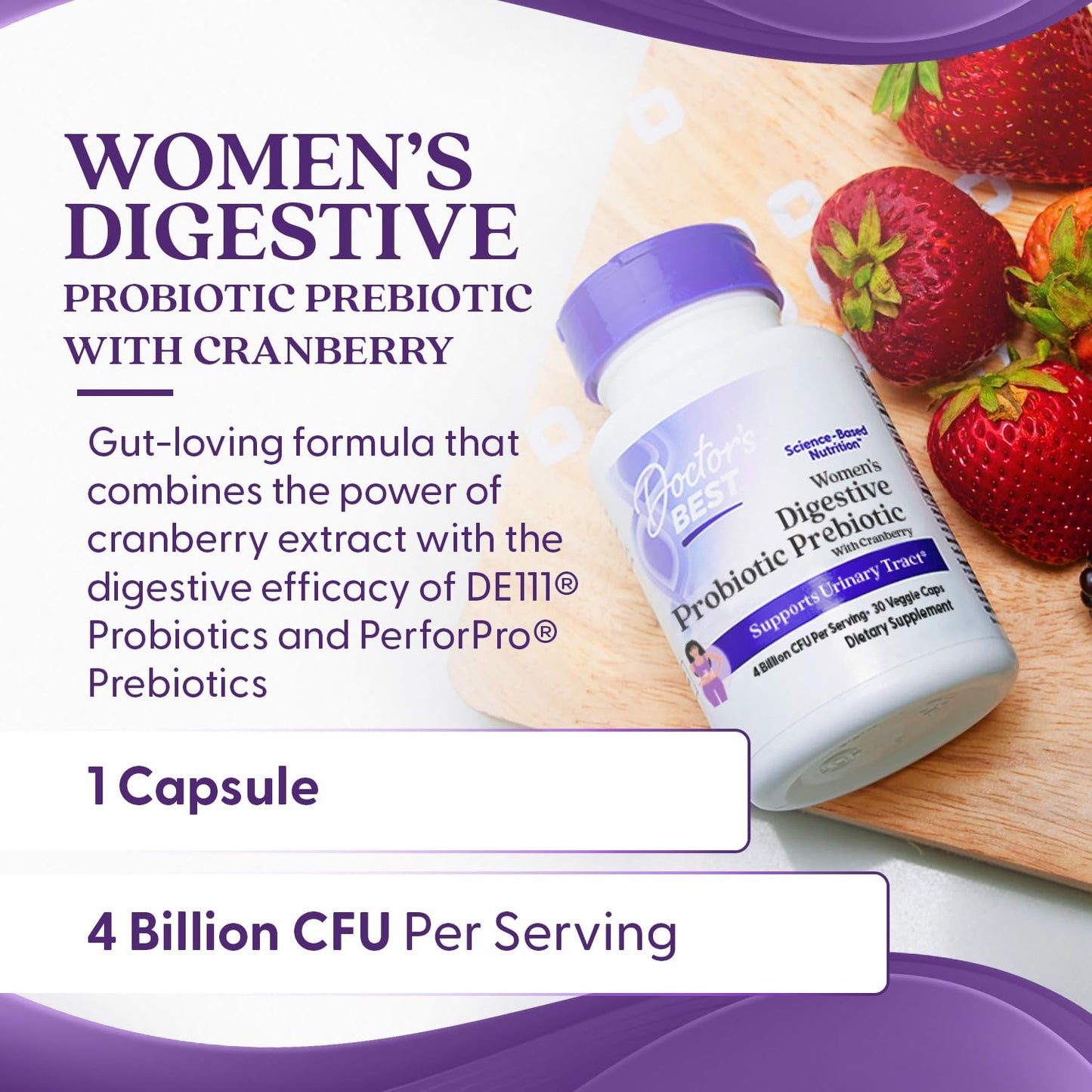 Pre-Order | Arrives in 5–10 Days – Doctor's BEST Womens Digestive Probiotic Prebiotic with Cranberry and PreforPro (4 Billion CFU), Supports Urinary Tract, Non-GMO, Vegan 30 Veggie Caps
