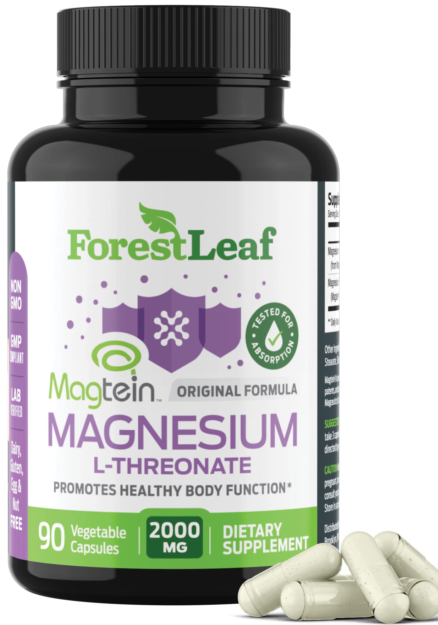 Pre-Order | Arrives in 5–10 Days – Forest Leaf Magnesium L-Threonate Magtein Capsules - 2000mg Magnesium Threonate Supplement Supports Cognitive Function, Focus, Brain, Deep Calm and Sleep for Men & Women | 90 Powder Veg Caps
