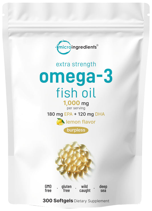 Pre-Order | Arrives in 5–10 Days – Micro Ingredients Extra Strength Omega 3 Fish Oil Supplements 1,000mg Per Serving, 300 Softgels | Lemon Flavored | Burpless | EPA 180mg + DHA 120mg | Deep Sea Fish