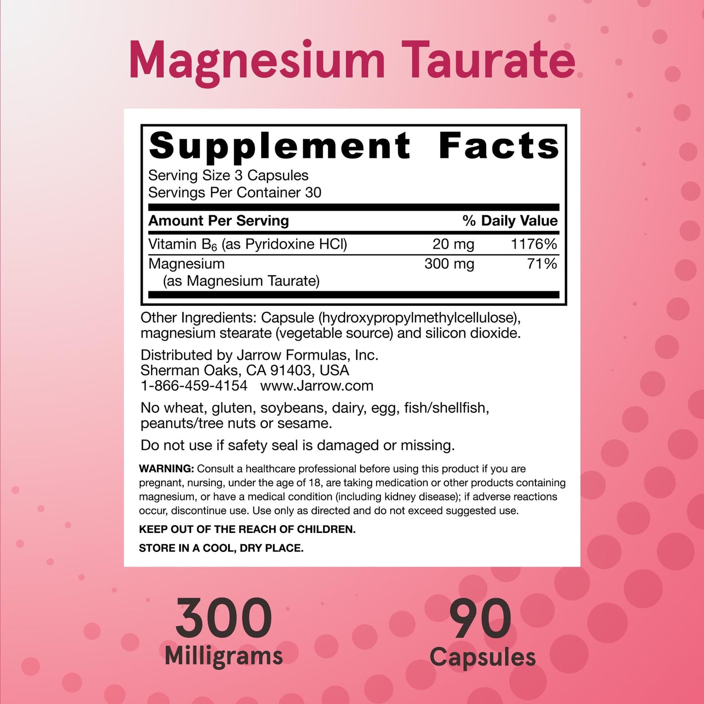 Pre-Order | Arrives in 5–10 Days – Jarrow Formulas Magnesium Taurate, Dietary Supplement, Supports Cardio and Bone Health, 300 mg per Servings, 90 Veggie Capsules, Up to a 30 Day Supply