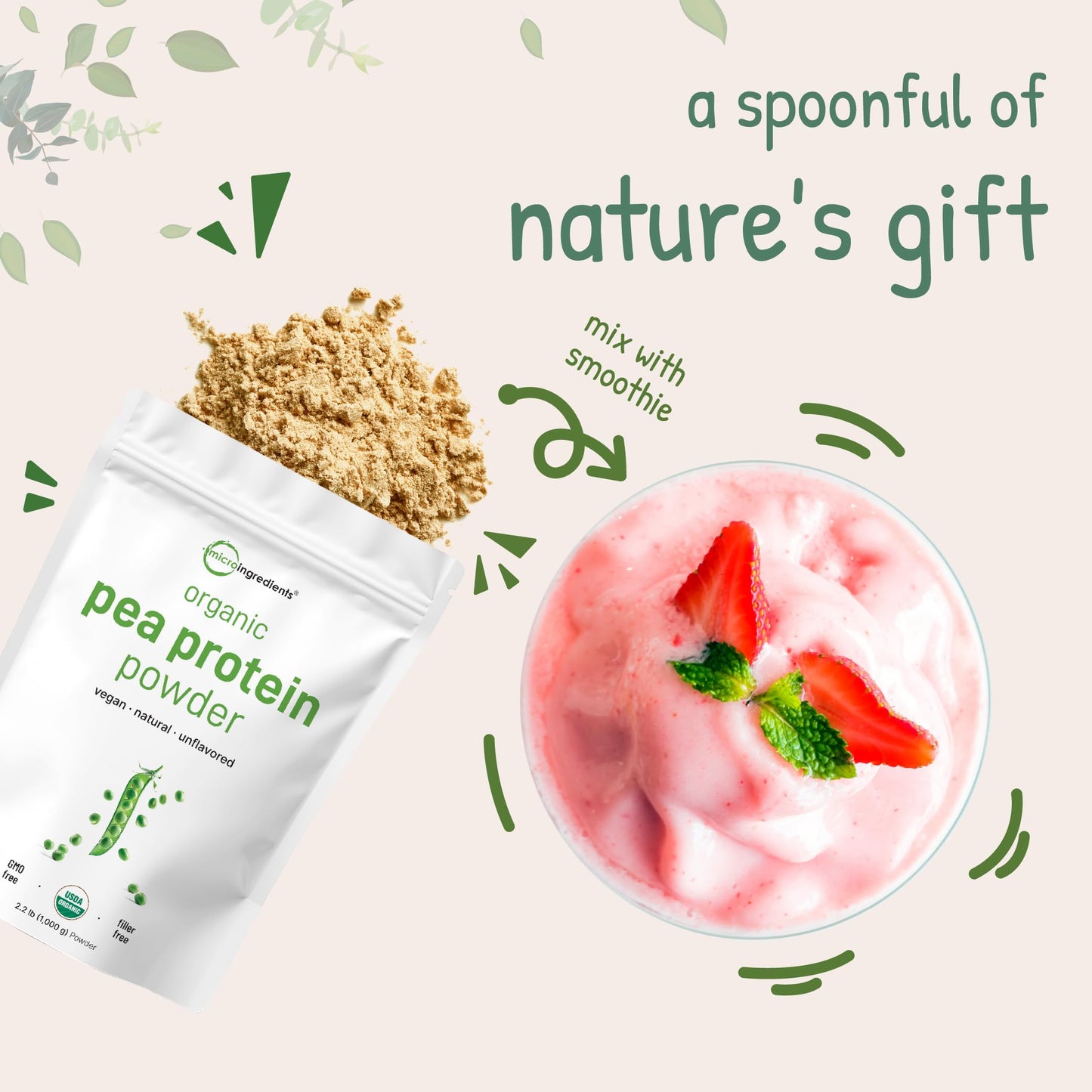 Pre-Order | Arrives in 5–10 Days – Micro Ingredients North America Grown, Organic Pea Protein Powder, 1KG (2.2 Pounds) | Plant-Based Vegan Protein, Meatless Protein Supplement, Rich in Branched Chain Amino Acids | Non-GMO, Soy Free