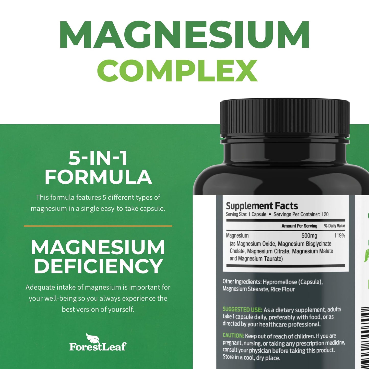 Pre-Order | Arrives in 5–10 Days – ForestLeaf Magnesium Complex 500mg - Magnesium 500mg Capsules - Magnesium Supplement 500 mg - Magnesium for Sleep, Magnesium for Constipation - Magnesium Supplement for Women (120 Ct)