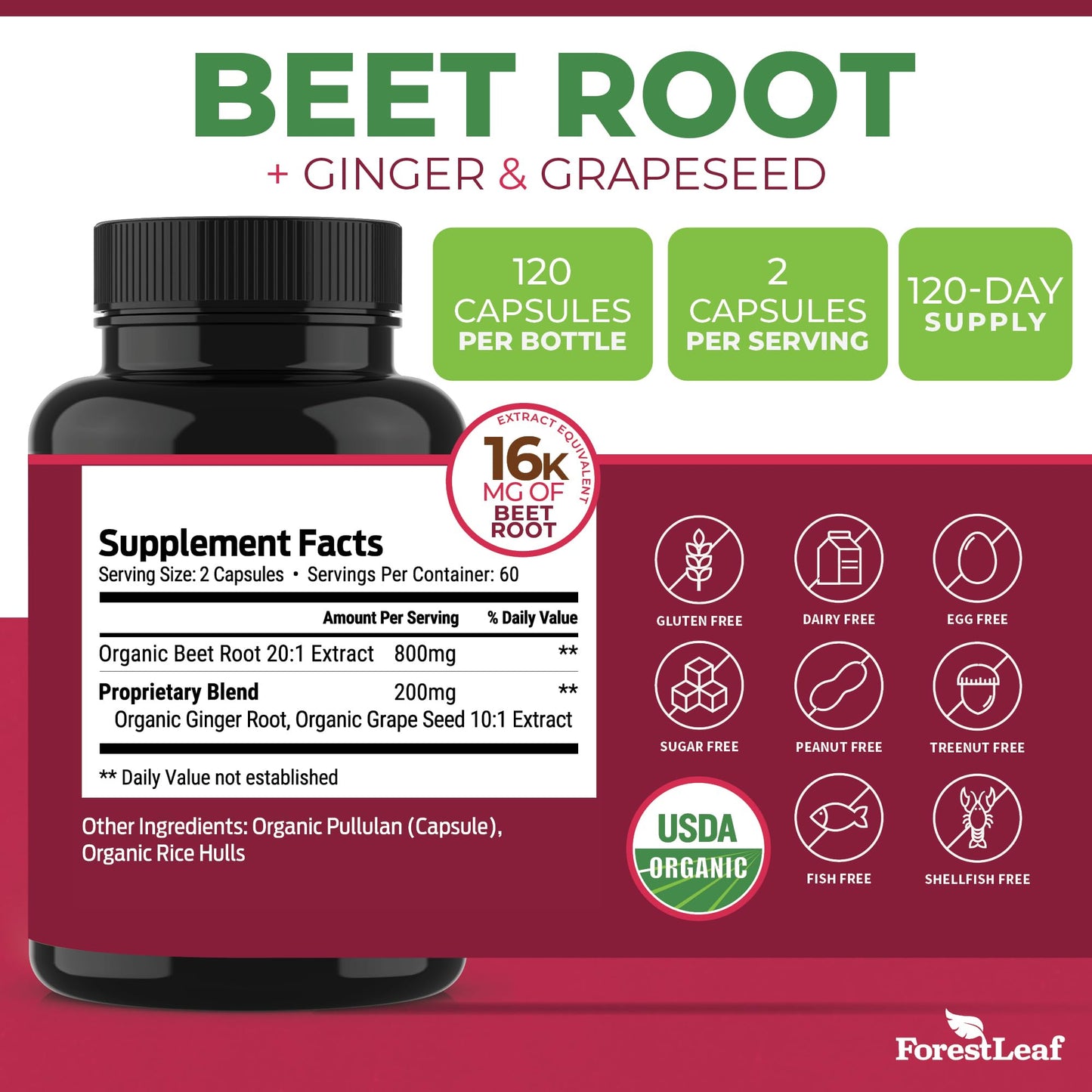 Pre-Order | Arrives in 5–10 Days – ForestLeaf Organic Beet Root Capsules - with Ginger & Grape Seed 16000mg Strength 20:1 Extract, Supports Nitric Oxide Production, Beets Supplements with Organic Non-GMO Beetroot Powder 120 Veggie Caps
