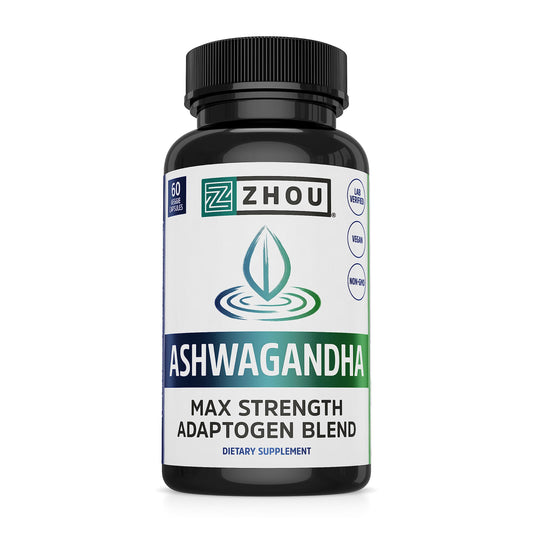 Pre-Order | Arrives in 5–10 Days – Zhou Ashwagandha - Ashwagandha and Rhodiola for Women & Men, Adaptogen Ashwaganda Extract 1200 mg with Black Pepper, Adaptogenic Support Supplement for Calm, Mood, Sleep - 60 Vegan Capsules