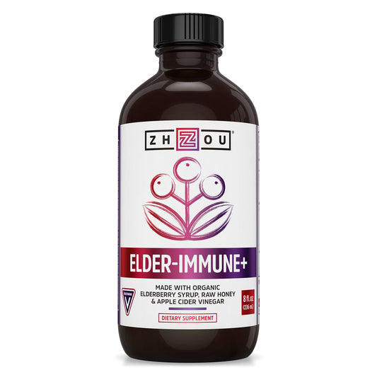 Pre-Order | Arrives in 5–10 Days – Zhou Nutrition Elder-Mune+ Syrup - Organic Black Elderbery Syrup for Adults, Immune Support Elixir with Apple Cider Vinegar, Echinacea Tincture, Natural Wellness - 8 Fl Oz Glass Bottle