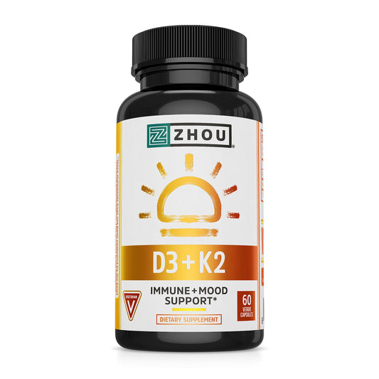 Pre-Order | Arrives in 5–10 Days – Zhou D3+K2 - Vitamin D3 K2 Supplement for Women & Men, Immune Support Vit D3 and K2 Supplements, Pure Vegetarian Formula with 5000 IU of D3 and MK-7 - 60 Veggie Capsules (Pack of 1)