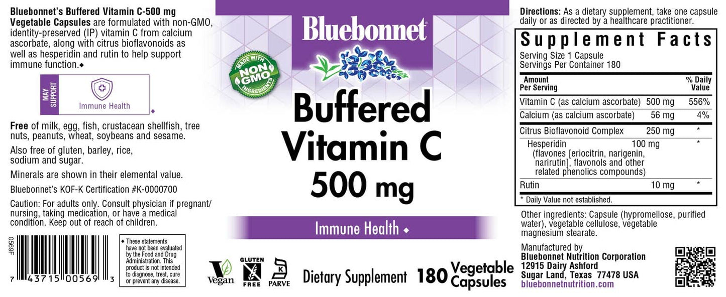 Pre-Order | Arrives in 5–10 Days – BlueBonnet Nutrition Buffered Vitamin C-500 mg Vegetable Capsules, Buffered Calcium Ascorbate, For Immune Health, Soy Free, Gluten Free, Non-GMO, Kosher, Dairy Free, Vegan, 180 Vegetable Capsules