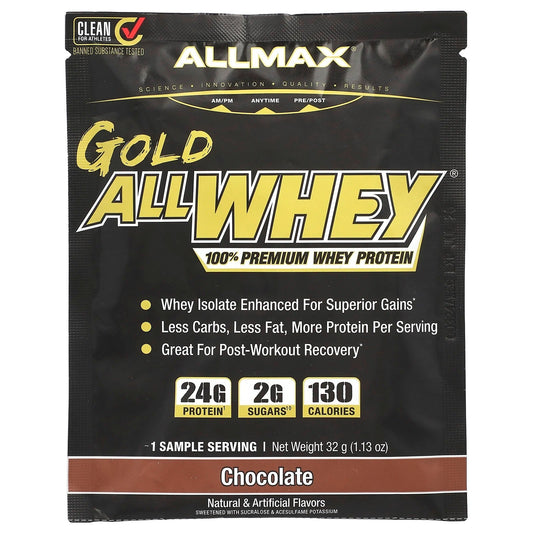 Pre-Order | Arrives in 5–10 Days – ALLMAX
GOLD ALLWHEY®, 100% Premium Whey Protein, Chocolate, 1.13 oz (32 g)