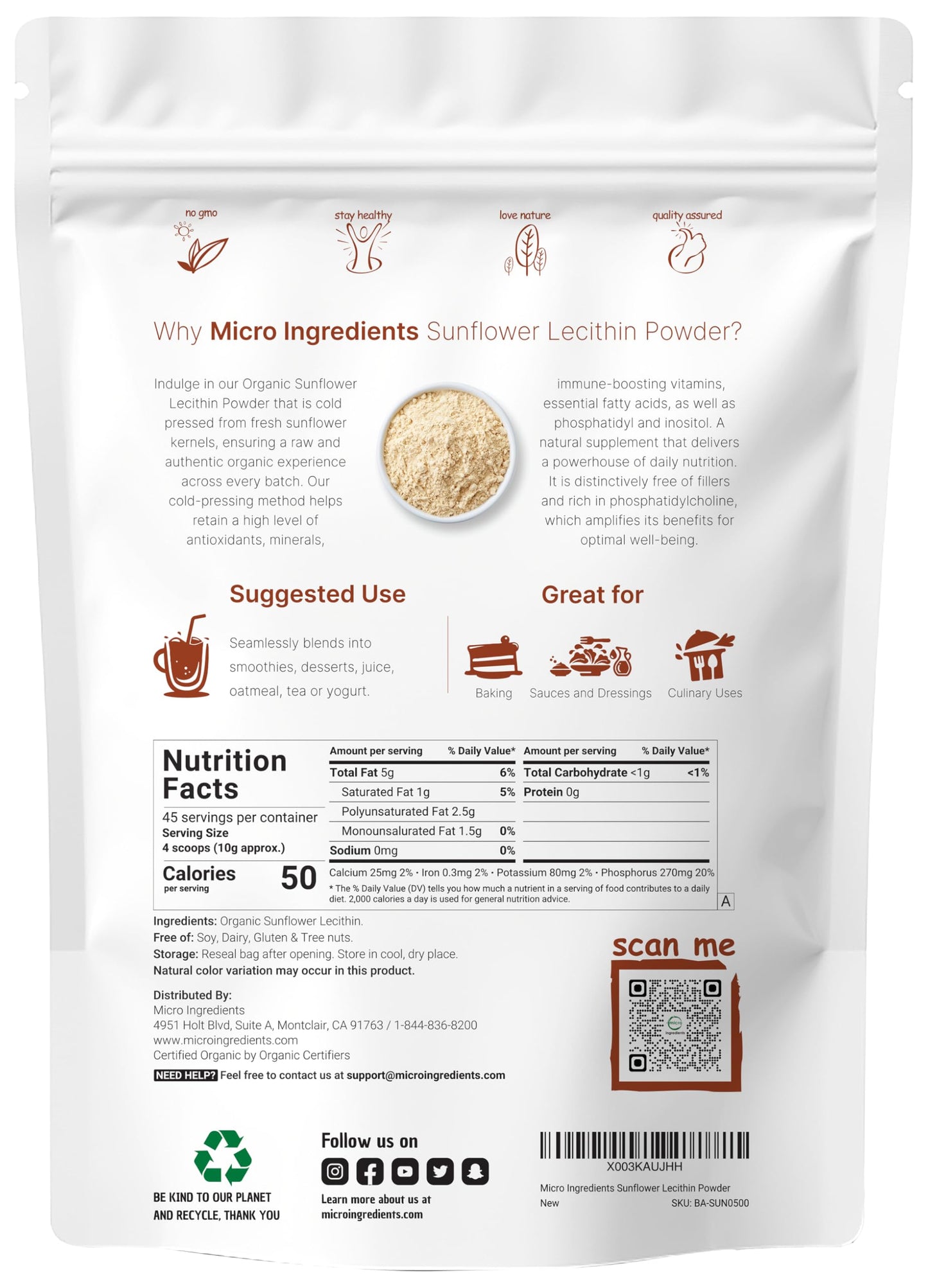 Pre-Order | Arrives in 5–10 Days – Micro Ingredients Organic Sunflower Lecithin Powder, 1 Pound, Sustainable Farmed, Cold Pressed, Rich in Phosphatidyl Choline and Protein, Making Liposomal Vitamin C, Lactation Supplement, Non-GMO