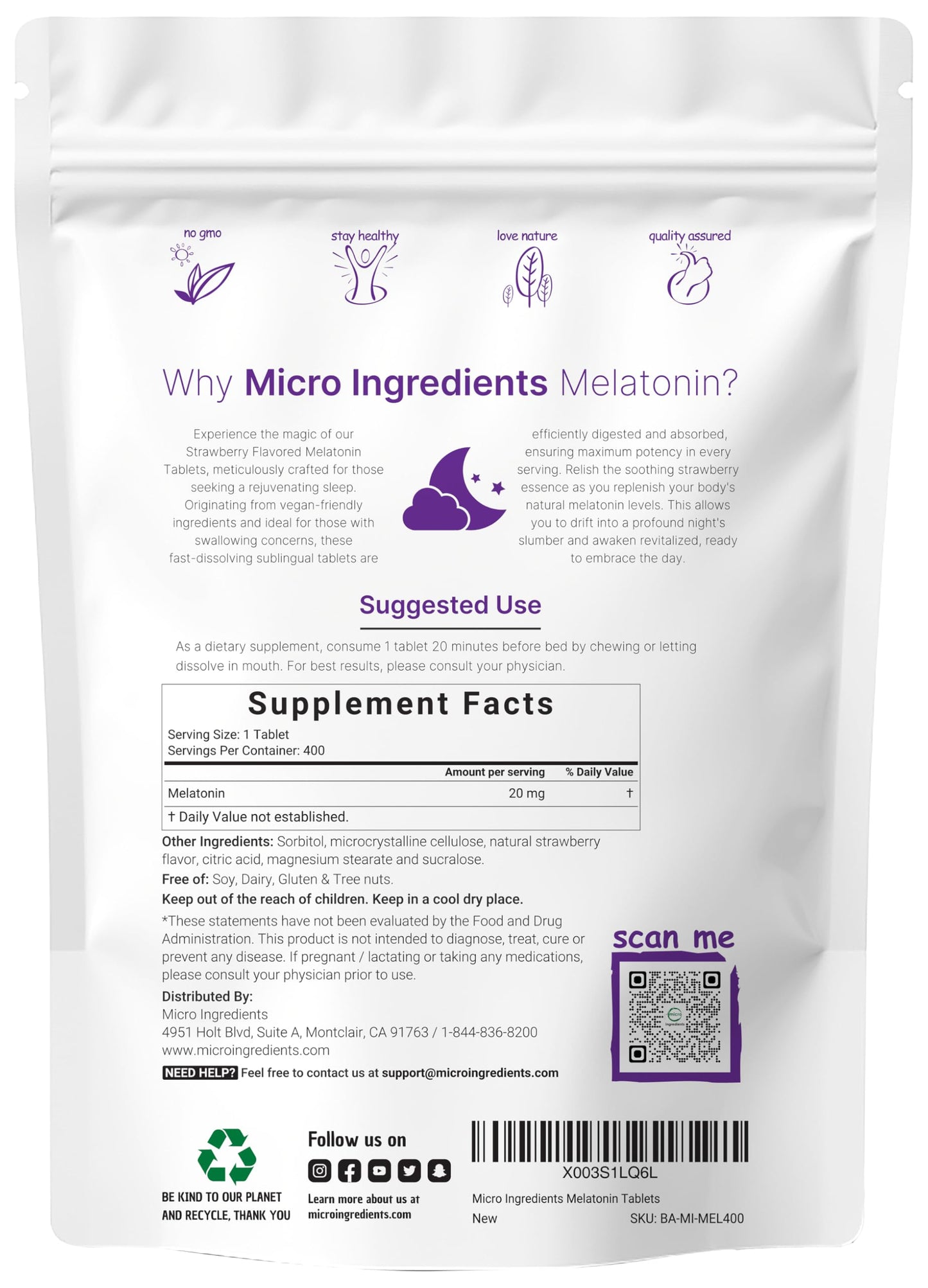 Pre-Order | Arrives in 5–10 Days – Micro Ingredients Melatonin 20mg Tablets, 400 Counts, Natural Strawberry Flavor, Fast Dissolve | No Drug, Vegetarian Friendly, Non-GMO & No Gluten