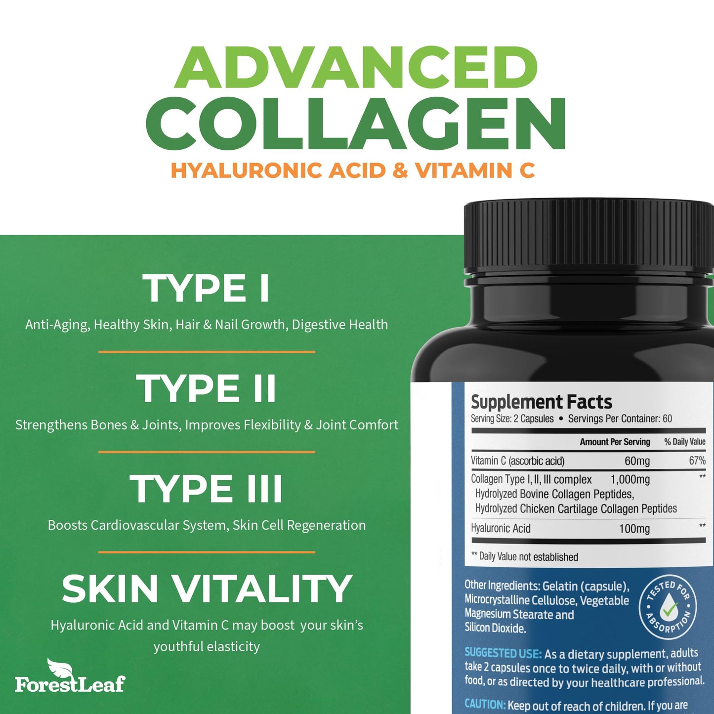 Pre-Order | Arrives in 5–10 Days – ForestLeaf Multi Collagen Pills with Hyaluronic Acid + Vitamin C | Hydrolyzed Collagen Supplements for Women or Men | Multi Collagen Capsules Peptides for Skin, Wrinkles, 240