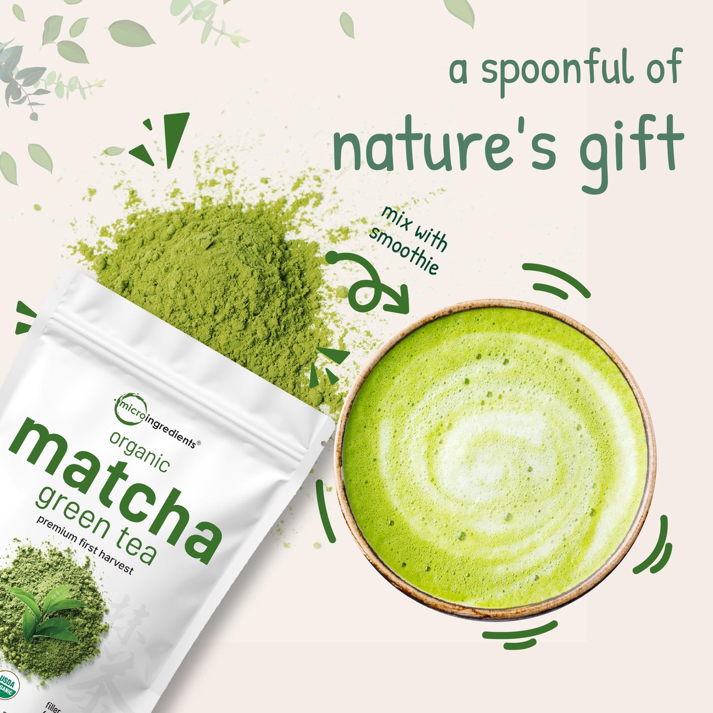 Pre-Order | Arrives in 5–10 Days – Micro Ingredients Organic Matcha Green Tea Powder, 1lb | Premium First Harvest Japanese for Daily Beverage | 100% Pure Culinary Grade | No Sugar, Eco-Friendly Recyclable Bags