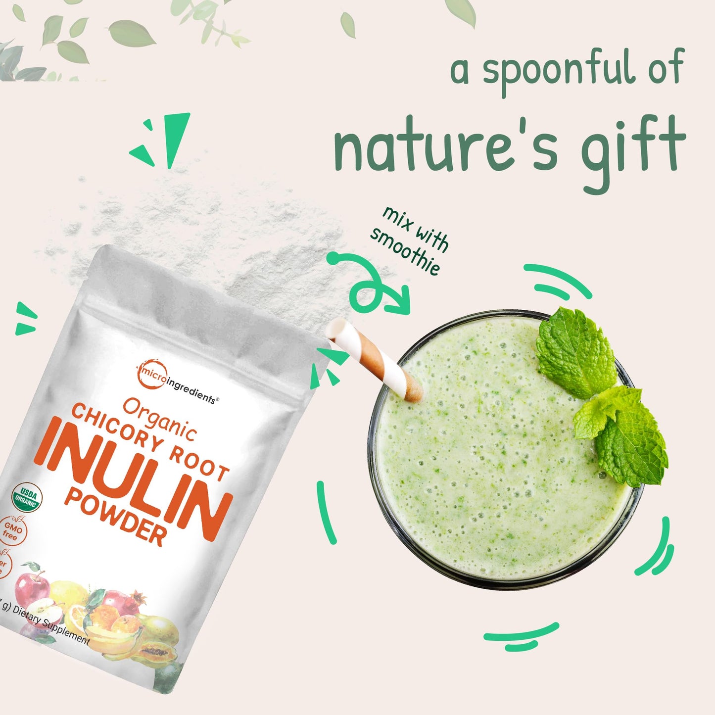 Pre-Order | Arrives in 5–10 Days – Micro Ingredients Organic Chicory Root Inulin Powder, 2 Pounds | Natural Prebiotic Fiber Supplement | Intestinal Support for Colon and Gut Health | Non-GMO and Vegan Friendly