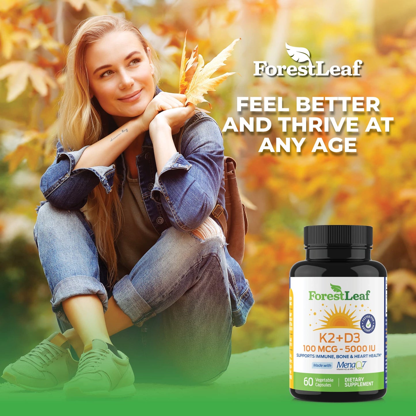 Pre-Order | Arrives in 5–10 Days – ForestLeaf Vitamin D3 + K2 (MK7) Supplement - MenaQ7 - Calcium and Vitamin D3 5000 IU Max Absorption - Teeth and Bone Strength, Heart Health, Immune System Support - 60 Veggie Capsules